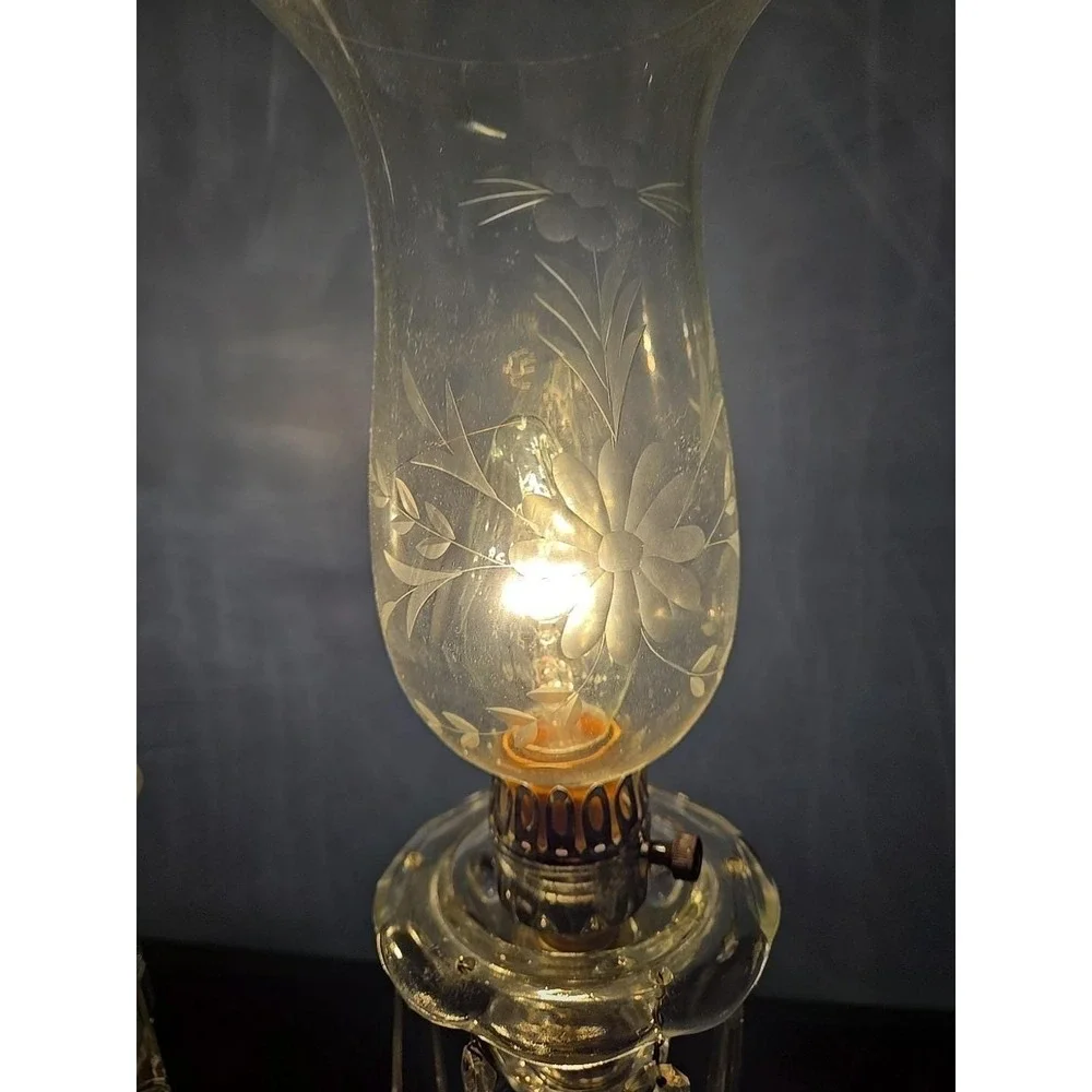 Pair of Etched Glass Boudoir Mantle Crystal Prisms Hurricane Table Lamps